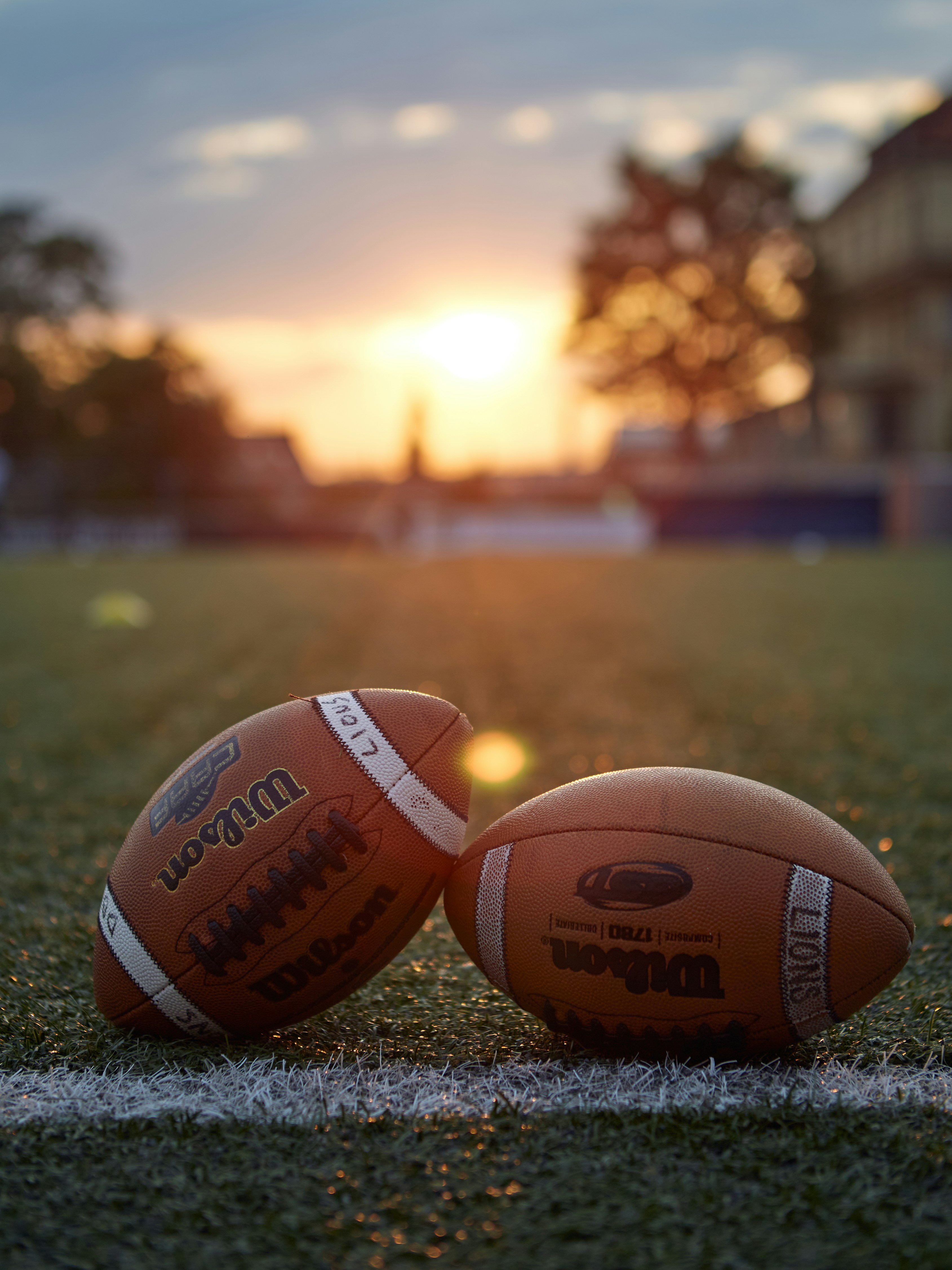 Photograph of two footballs on a football field